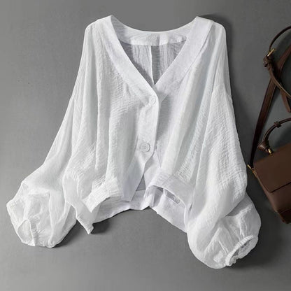 🌞 Women’s Sun Protection Shirt – Deep V-Neck 👗 Lantern Sleeves – Sheer Layer for Daily Layering 🌬️