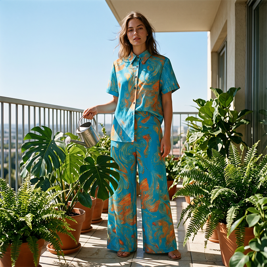 👗 LIMITED-TIME 50% OFF! ✨ Chic Peacock Blue Two-Piece Set – Short Sleeve Top, Straight Pants with Pockets, Travel Ready 🌿