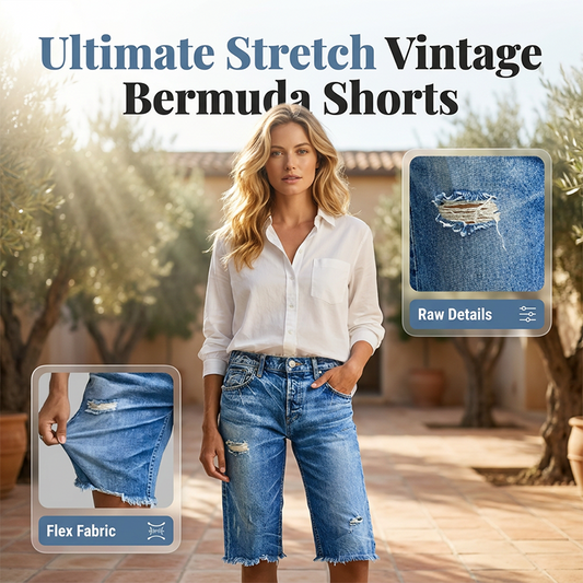 👖 LIMITED-TIME 50% OFF! ✨ Women's Casual Distressed Denim Bermuda Shorts – 4-Way Stretch, Raw Hem, Vintage Vibes 🌿