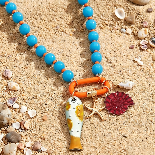 🎉 2026 Sale — Over 46,000 Sold! 📿 Vibrant Boho Coastal Beaded Necklace – Fish & Starfish Charms 🌊