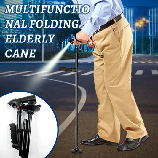 🦯 LIMITED-TIME 50% OFF! ✨ Multifunctional Folding Elderly Cane – LED Light, Alarm Button, 4-Leg Support 💡