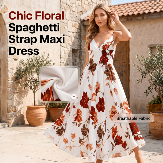 🎉 LIMITED TIME 50% OFF! 👗 Women's Printed Spaghetti Strap Maxi Dress – Floral Print & Adjustable Straps 🌸