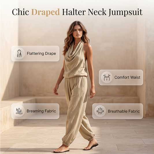 👗 50% OFF NOW! ✨ CHIC DRAPED HALTER NECK JUMPSUIT – Breathable wide-leg, elegant drape & day-to-night versatility – Effortless style for any occasion 🌙