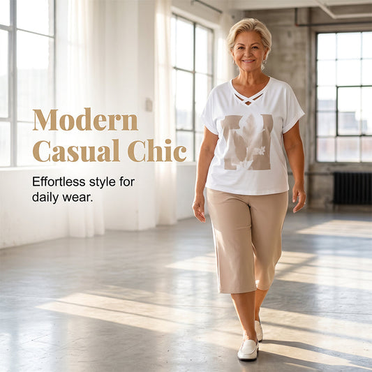 🎉 LIMITED TIME 50% OFF! 🌸 Women's Casual Two-Piece Set – V-Neck Tee & Cropped Trousers – Relaxed Fit & Premium Skin-Friendly Fabric 👚👖✨