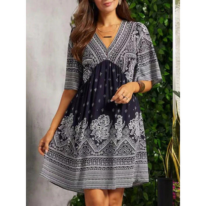 🌿☀️ LIMITED TIME 50% OFF! 🌸Women's Boho Floral V-Neck Dress – Vibrant blooms & breezy sleeves